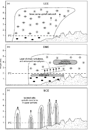 Fig. 7. Schematic illustration of the typical reflectivity structures observed in the (a)  Leading Edge Echo, (b) Double Maximum Echo, and (c) Shallow Convective Echo periods of mid-latitude Pacific cyclones as they progress toward the terrain of the Orego