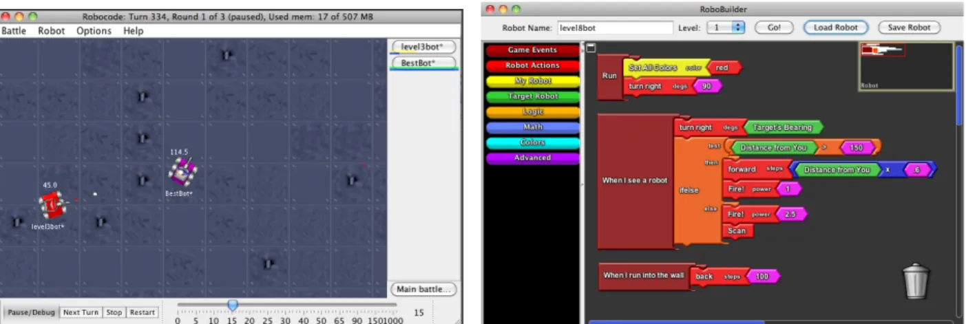 Figure 1. RoboBuilder’s two screens. The battle screen, on the left, is where players watch their robot  compete; the construction space, on the right, is where players implement their strategies