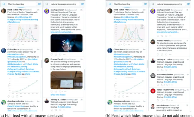Figure 2: Example of application using the image task classiﬁer. Automatically collapsing images that do notadd content beyond text optimizes screen real estate and allows users to view more tweets in their feed view