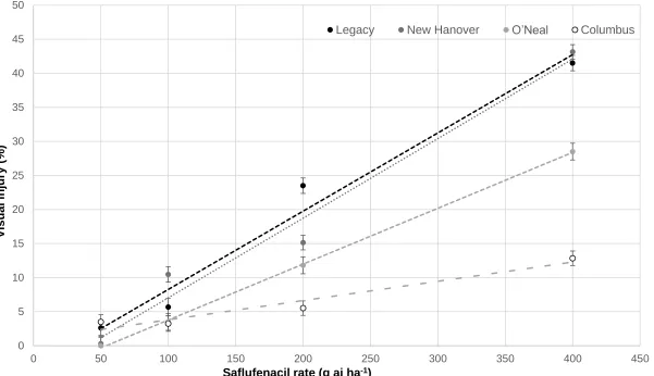 Figure 1.3. Response of blueberry cultivar to injury soil applied saflufenacil rate at 28 DAT