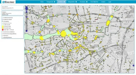 Figure 9: Delays on crossings. Colour: delay, Thickness: number of cyclists  This map enables planners to identify significant delays in the network and to  monitor their development over time