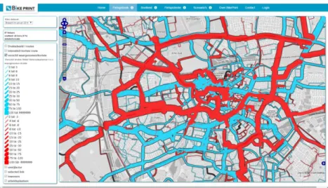 Figure 10: Avoided and preferred routes, identified by detour analysis  Network segments where more actual cyclists are observed than would be  expected from the shortest routes are coloured blue and interpreted as routes  that are attractive enough that c