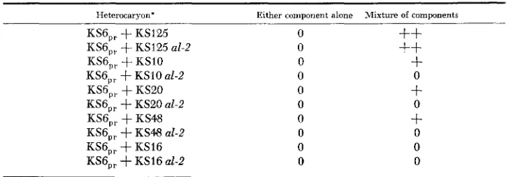 TABLE 5 Heterocaryon formation between partial revertant, without the al-2 marker. The scoring was KS6,,, and ATC+ mutants with and done 10 days after inoculation 