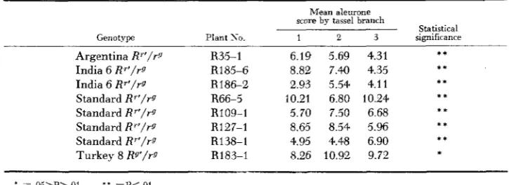 TABLE 5 Mean scores for testcross kernels from testing of rgrg female x R' r g  male matings in which the pollen samples from three different tassel branches showed that 