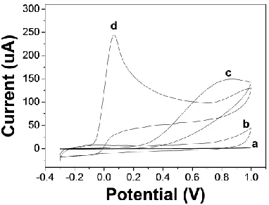 Figure 1.  CV curves obtained from the OMC-0.6/GCE (a) and bare GCE (b) in a 5 mM K3Fe(CN)6 + 0.1 M KCl solution, scan rate: 50 mV/s