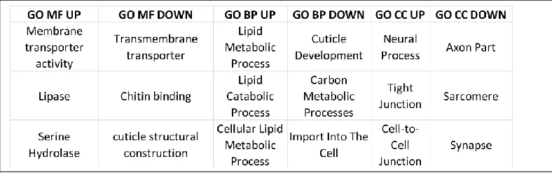 Table 1.2: The three most differentially impinged pathways for each comparison in every GO category – Molecular Function (MF), Biological Process (BP), and Cellular Component (CC) – for both UP and DOWN regulated Differentially Expressed Genes