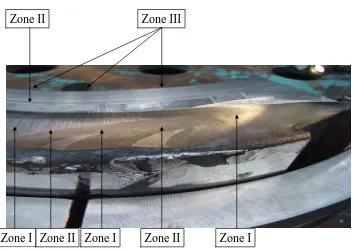 Fig. 2 : Propagation zones for the crack in the deposed LP1 turbine 