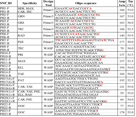 Table 4: WASP & Primer3 assay design.  Software design tool, primer sequence, expected 