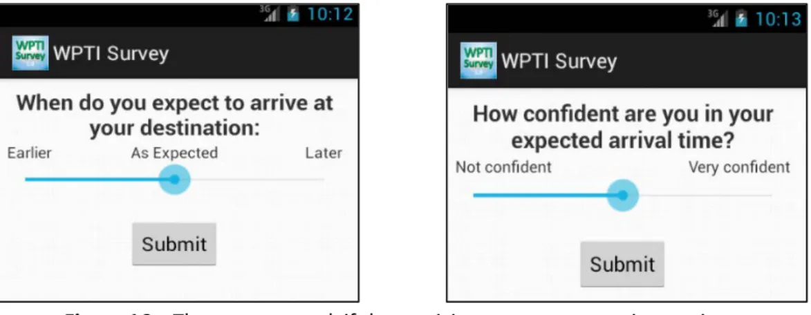 Figure 16 – These screens ask if the participant expects to arrive on time,      and how confident they are in that expectation