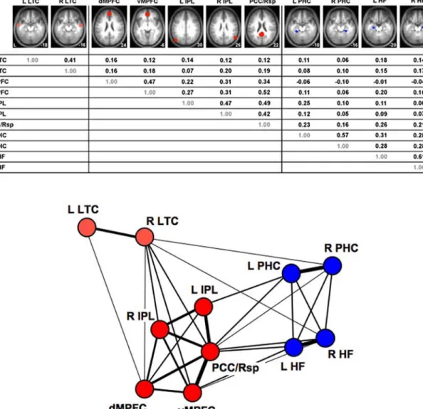 FIGURE 8. (top) Functional correlation strengths are listed for multiple regions within the default network