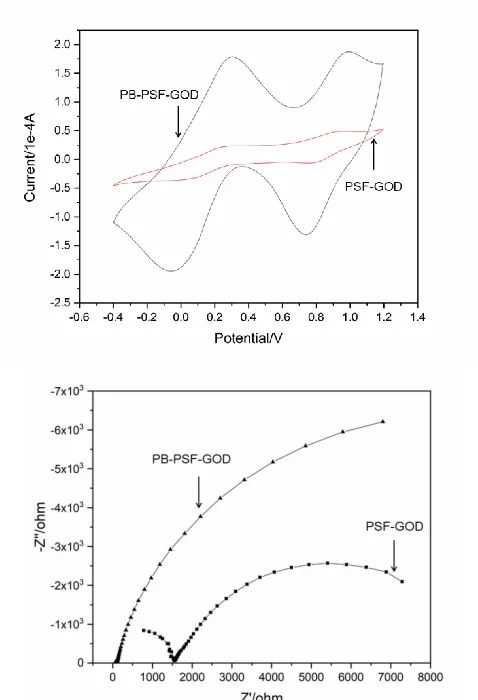 Figure 6.  (A) CVs of 0.4mM H2O2 on PB-PSF-GOD and PSF-GOD in 0.1M PBS (pH=5.0). Scan rate: 0.05 Vs-1