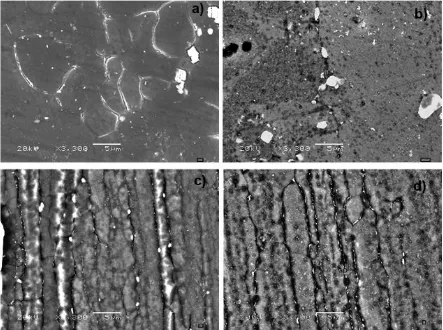 Figure 2. SEM micrographs of 7075 aluminum base alloy in the following heat treatments a) T6, b) solubilization, c) T73 and d) rra