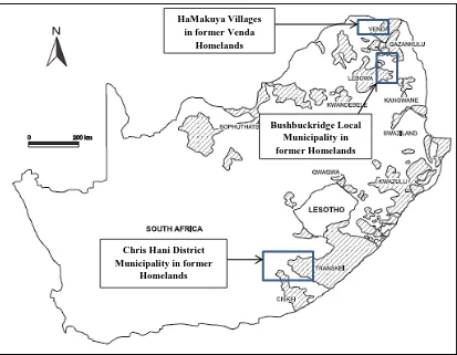 Figure 1. Pre-1994 South Africa. Homelands, with HaMakuya villages and other study areas depicted