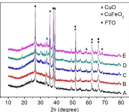 Figure 1. XRD patterns for CuO/CuFeO2 thin films deposited at various potential for 1.5 h and annealed at 580 oC for 30min