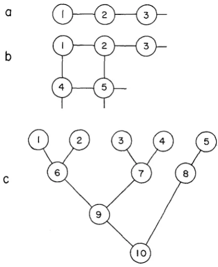FIGURE 1.-Three linear stepping-stone model with program. n = examples of the geographic arrangements of demes used in the simulation A link between 2 demes indicates that gene flow occurs between those demes