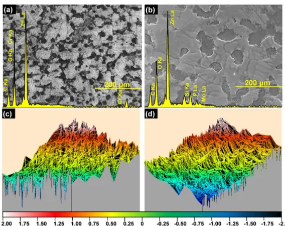 Figure 2.  SEM images and EDS of zinc coatings after (a) Cr-free passivation and (b) Cr6+ passivation; in addition, (c) Cr6+ passivation film and (d) Cr-free passivation film are corresponding to the roughness images