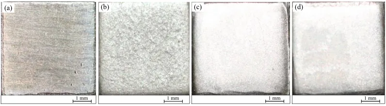 Figure 1. Corrosion morphologies of TC4 alloy in 20% NaNO3 solution for 120 s at a current density of (a) 2 A/cm2, (b) 10 A/cm2, (c) 40 A/cm2, and (d) 80 A/cm2