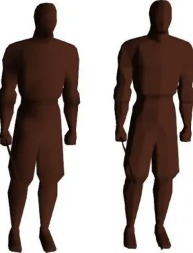 Figure 8: Original untextured model (left) and voxelized model’s isosurface extracted with an extended  Marching Cubes algorithm with a 128 3  voxel grid with recalculated normal vectors (right).