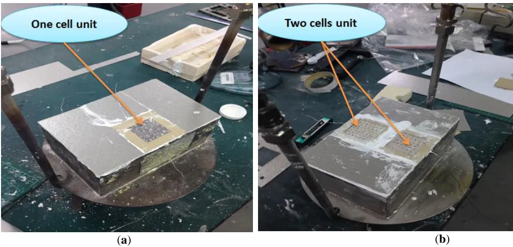 Figure 5.  Photographs of tests on two–dimensional SOFCs consisting of: (a) a single cell; (b) a two–cell stack