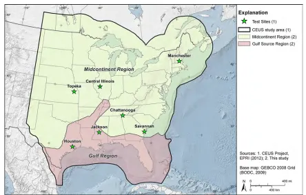 Figure 1- Study area showing ground-motion model sub-regions and test sites