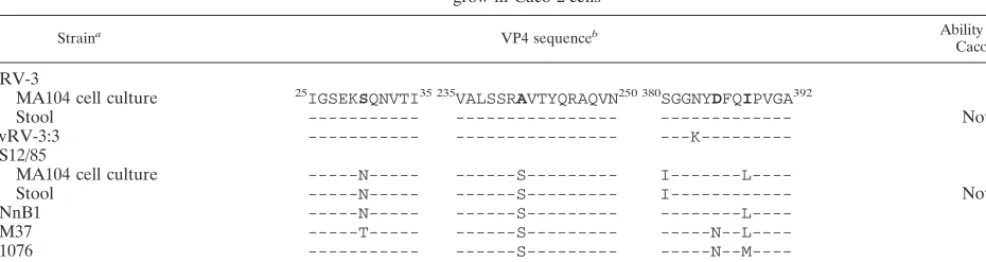 TABLE 2. Amino acid sequence differences in the gene encoding VP4 between neonatal rotaviruses with different abilities to attach to andgrow in Caco-2 cells