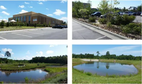 Figure 2.9 - Clockwise from top left: building, parking lot biofilter, wet pond, and constructed wetland