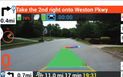 Figure 1. Augmented reality GPS Drive/Walk Navigation app. The app  augments the user’s view of reality with the suggested path, indicating the  distance to the next turn.