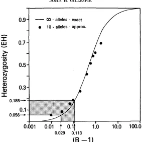 FIGURE 1.-The ship relationship between B-1 and heterozygosity. The dots represent the relation- for the approximate process (35) with K = 10 alleles