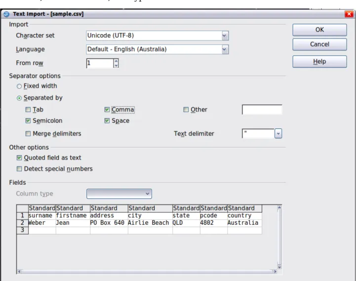 Figure 16: Text Import dialog, with Comma (,) selected as the separator and double  
