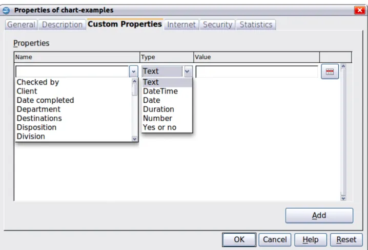 Figure 34: Custom Properties page, showing drop-down lists of names and types