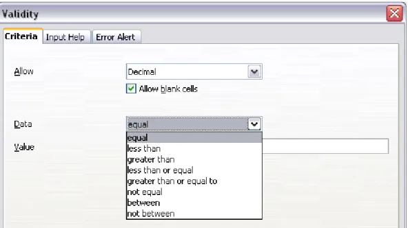 Figure 41 shows the choices for a typical validity test. Note the Allow blank cells  option under the Allow list.