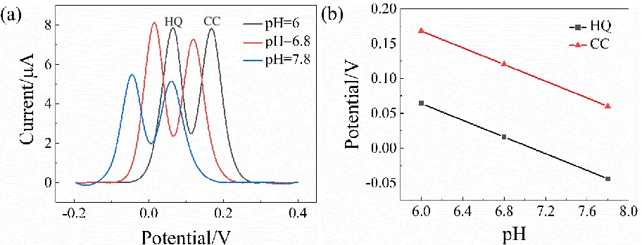 Figure 3.  Differential pulse voltammograms of mixtures of 30 μM HQ and CC in different support electrolyte