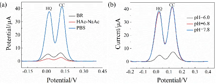 Figure 5. Effect of polymerization substrate (a) and pH (b) on peak current response of mixtures of 30 μM CC and HQ in 0.1 M PBS of pH 6.8 