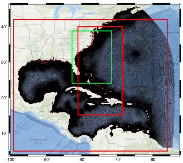Figure 2.2 Coverage area of the WF (green) and OWI (red) wind grids over the HSOFSunstructured mesh (black).