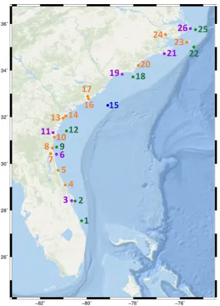 Figure 2.5 Locations of selected stations for comparison of surface pressures, wind speeds,signiﬁcant wave heights and water levels.The points are color coded as in Figure 2.1 andnumbered from south to north.