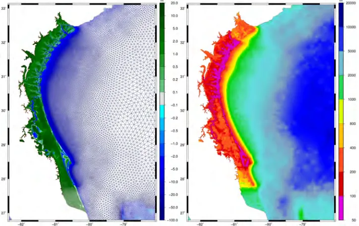 Figure 3.10 Bathymetry and topography in m (left), and resolution in m (right) in theGANEFL mesh.