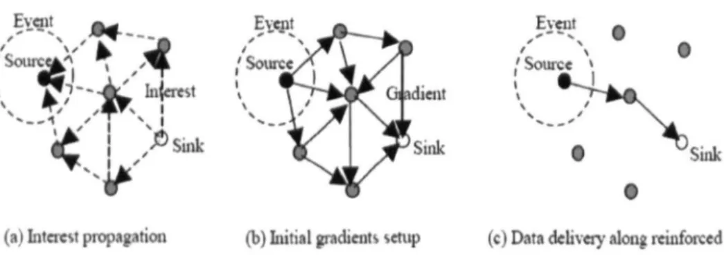 Figure 2.9 (a) (b) (c): Direct Diffusion  Routing Protocol Diagram 