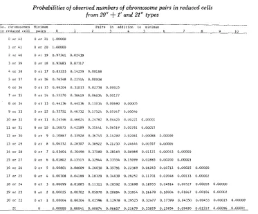 TABLE 1 Probabilities of observed numbers of from 20" + chromosome pairs in reduced cells 1' and 21" types 