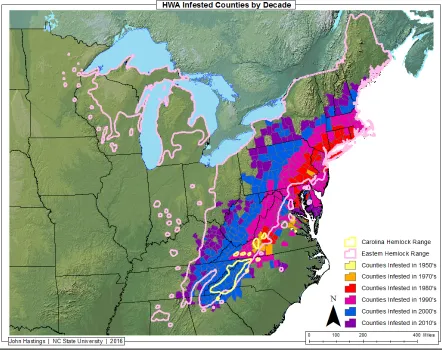 Figure 2. New counties infested with hemlock woolly adelgid for each decade through the year 2014