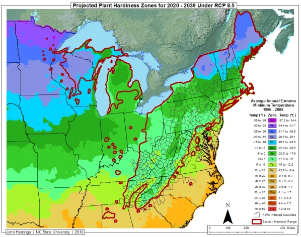 Figure 3.1. Counties infested with hemlock woolly adelgid in each USDA plant hardiness zone