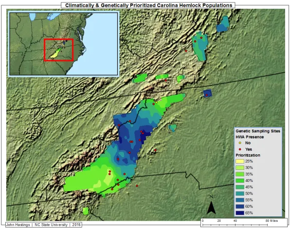 Figure 4.1. Eastern hemlock populations prioritized based on the combination of weighted climatic and genetic parameters