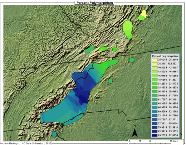 Figure 6.1. Percentage of polymorphic loci per sampled populations across the native range of eastern hemlock shows high percentages range-wide