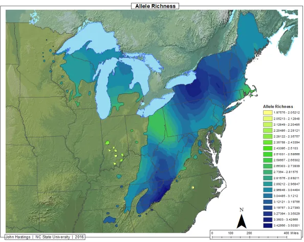 Figure 7.2. Interpolation of allelic richness across the native Carolina hemlock range shows the highest levels in the central sector, specifically east of the Appalachian Mountains
