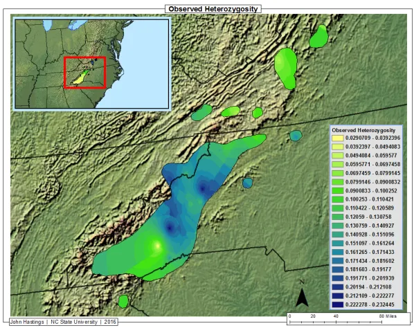 Figure 8.1. Observed heterozygosity across the native range of eastern hemlock gives emphasis to western and 