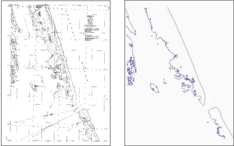 Figure 4-2.  Scanned (left) and digitized (right) images of T-sheet T9278.  Red triangles are control points from the original T-sheet