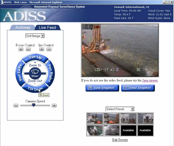 Figure 9. Online live real-time dredge internet camera located on drill barge in New York
