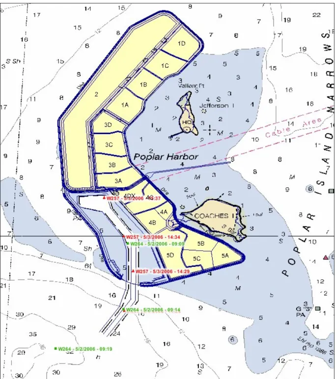 Figure 7. Online view of near real-time vessel positions for the 2005 Baltimore Harbor and Channels  Maintenance Dredging illustrating the scows W257 entering the Poplar Island unloading facility and W264 