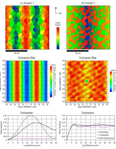 Figure 4. Simulated Taylor factor maps and corresponding variograms and variogram maps for (a) Sample 1 and (b) Sample 2