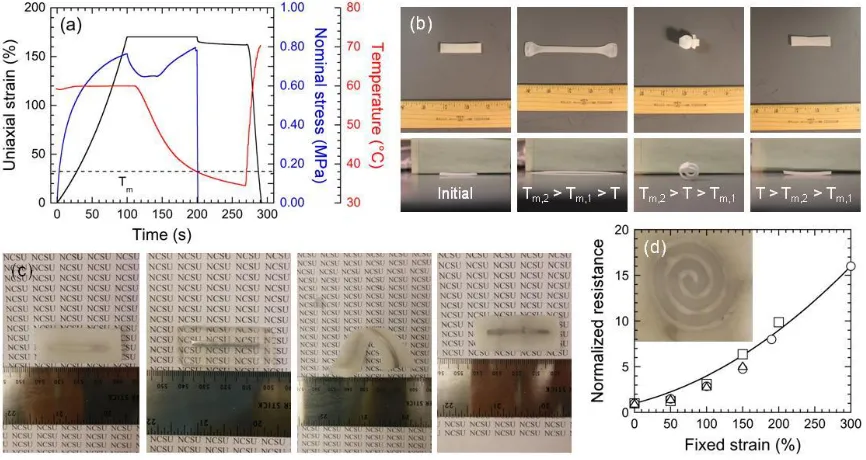 Figure 5.2.  (a) Time-dependent sequence of uniaxial strain, nominal stress and temperature measurements (color-coded) acquired from a 20/80 w/w TPE/HC20 SMPB