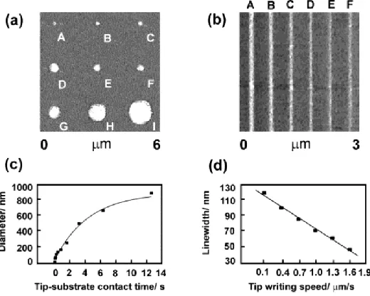 Figure 1.3. (a) An array of features scaling from 45 nm to 920 nm in diameter generated by varying the contact time during the MHA writing phase with contact time increasing from A-I backfilled with ODT and developed with magnetic nanoparticles